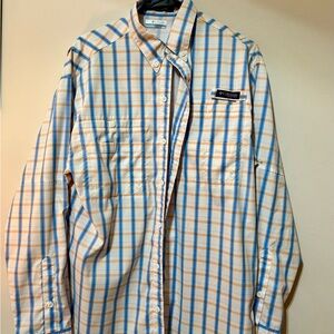 Columbia Men's Orange and Blue Plaid Button Down Shirt
